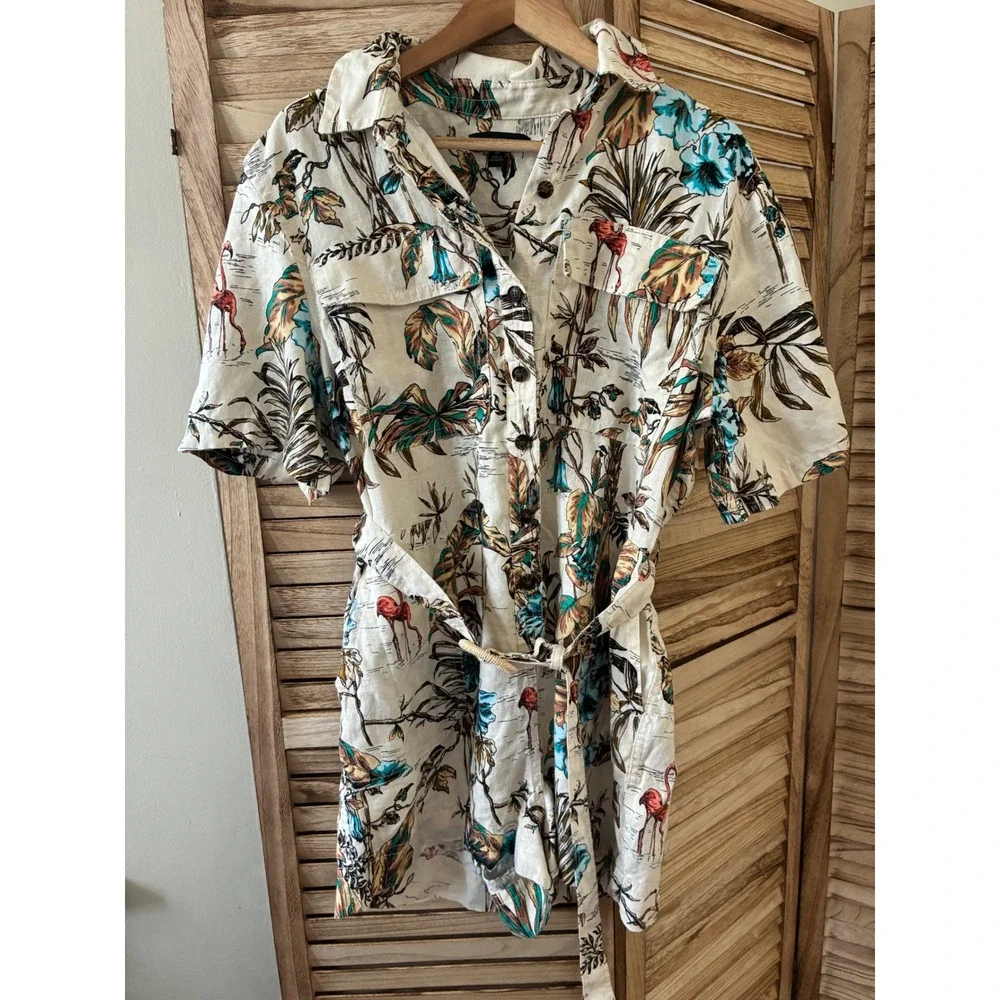 Banana Republic Linen Tropical Flamingo Print Belted Romper Size M Vacations